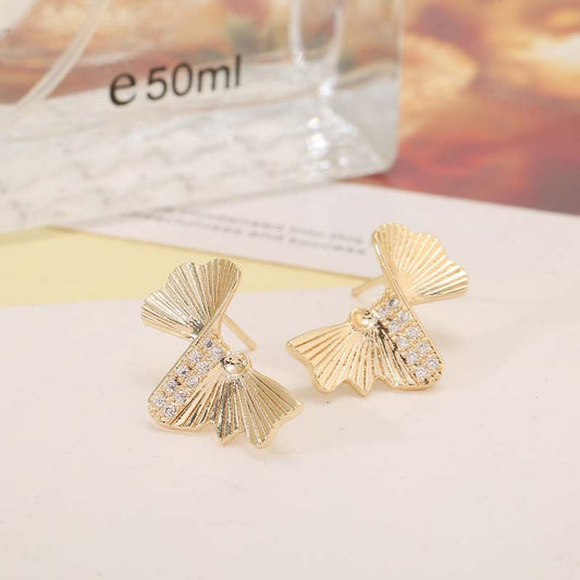 4 Ginkgo Leaf Stud Earrings Rhinestone Embellished 14K GF Earing Half Drilled Pearl Bead Blank