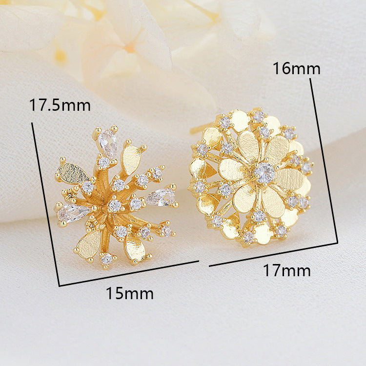 4 Floral Stud Earrings 14K GF Rhinestone Embellished Earing