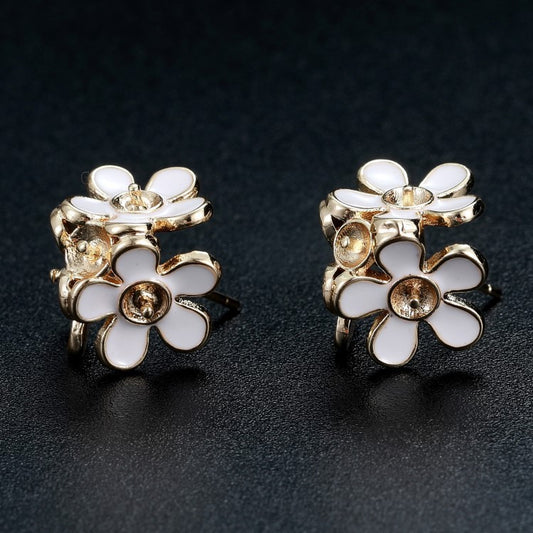 4 Floral Stud Earrings Enamel Epoxy Rhinestone Embellished 14K GF Earing Half Drilled Pearl Bead Blank