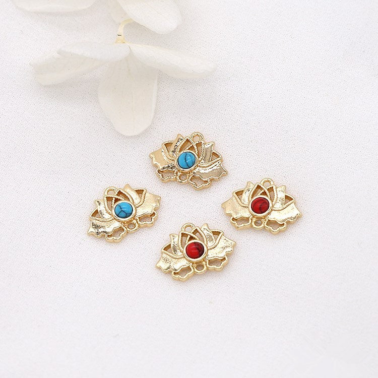 10 connecteur de charme floral lotus à double boucle turquoise embelli 14K GF