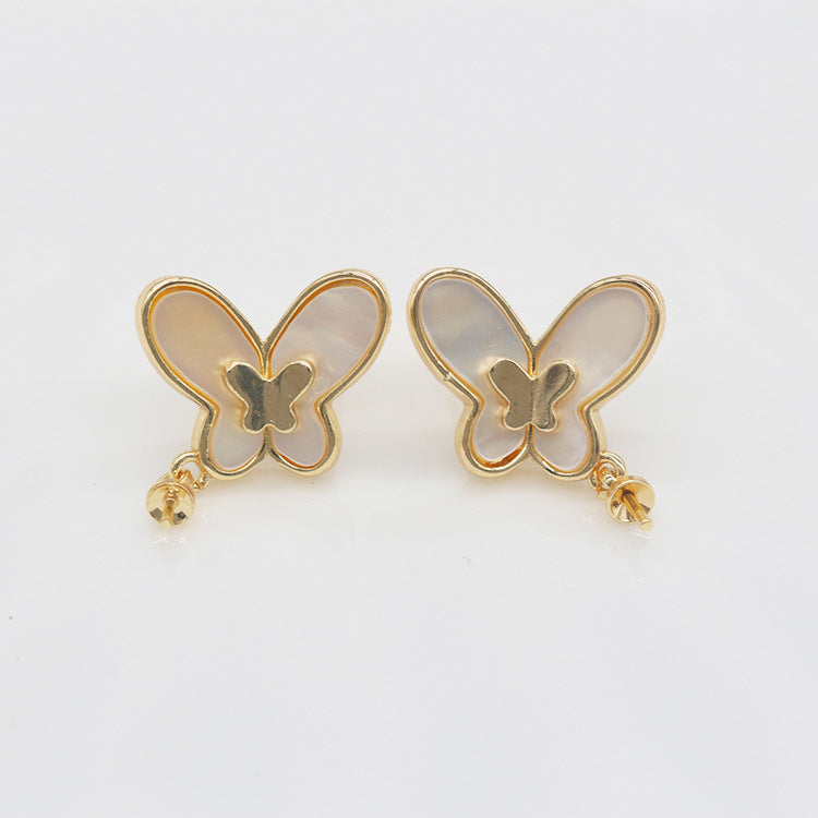 2 boucles d'oreilles à tige avec pendentif à breloque papillon, coquillage orné de strass, 14 carats GF