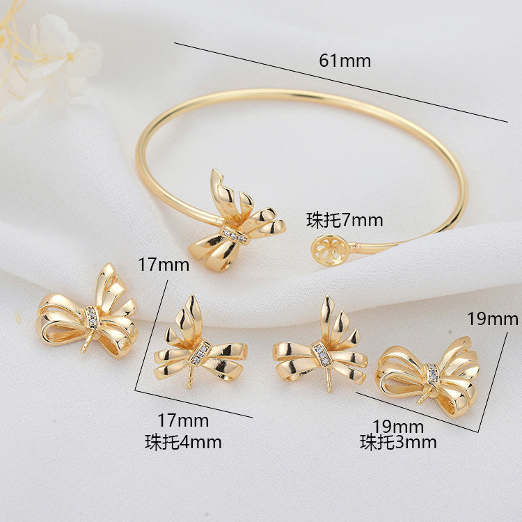 2 Bowknot Charm Pendentif Collier Stud Boucles d’oreilles Déclaration Bague Bracelet Strass Embelli 14K GF Demi Percé Perle Perle Vierge