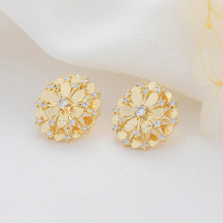 4 Floral Stud Earrings 14K GF Rhinestone Embellished Earing