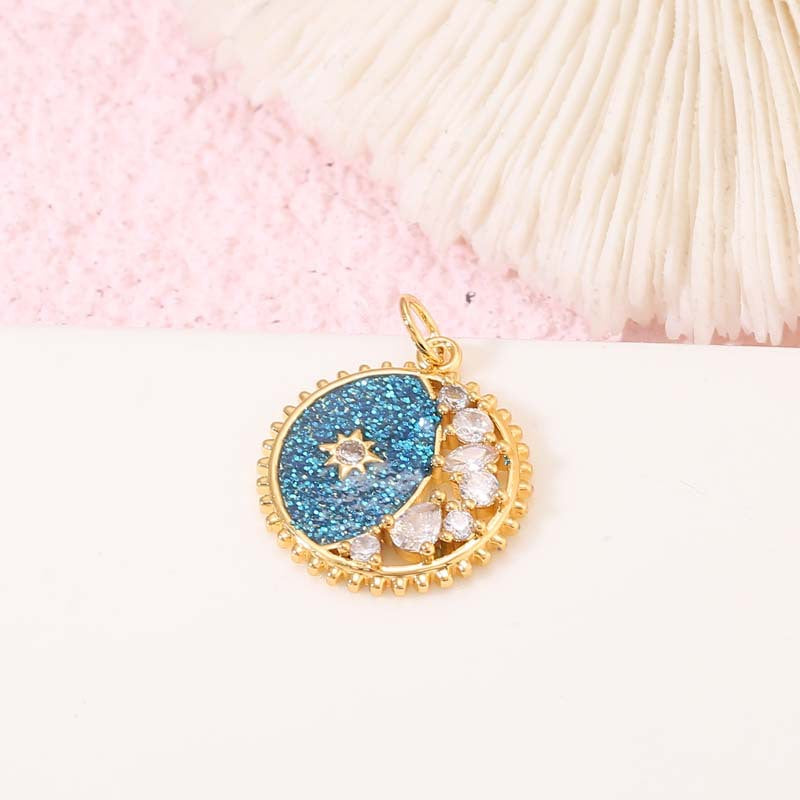 2 Moon Star Charm Pendant Enamel Epoxy 14K GF Rhinestone Embellished