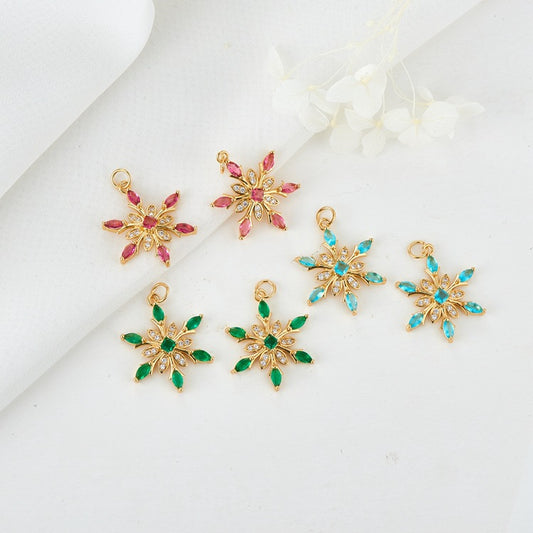 2 Snowflake Floral Charm Pendant Rhinestone Embellished 14K GF