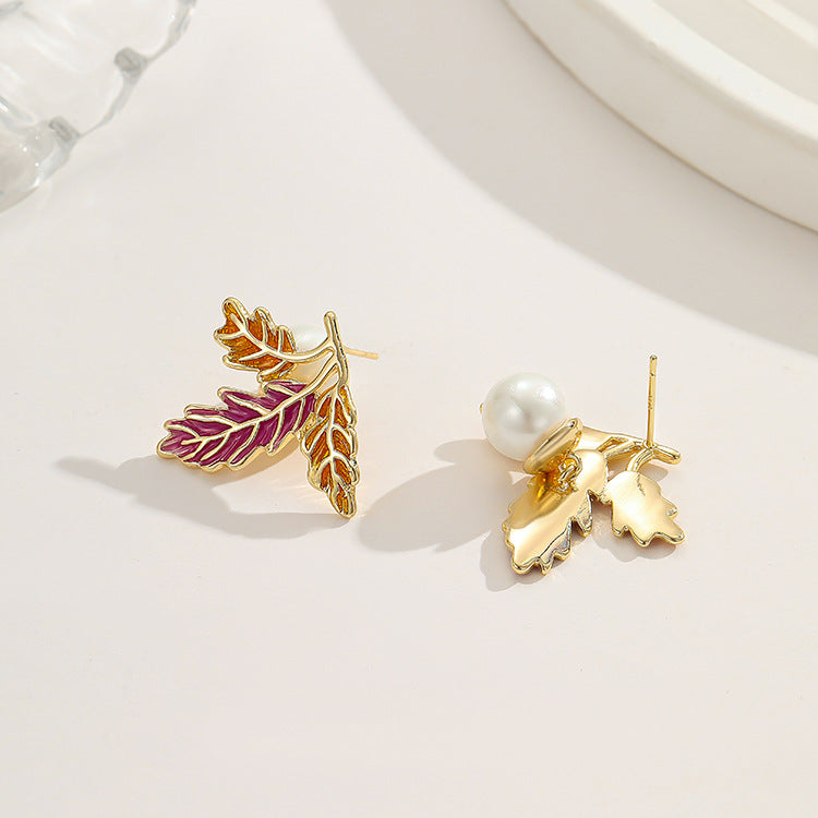 2 pairs Leaf Stud Earrings 14K GF Enamel Epoxy Earing with Pin Top Drilled Pearl Bead Blank Setting