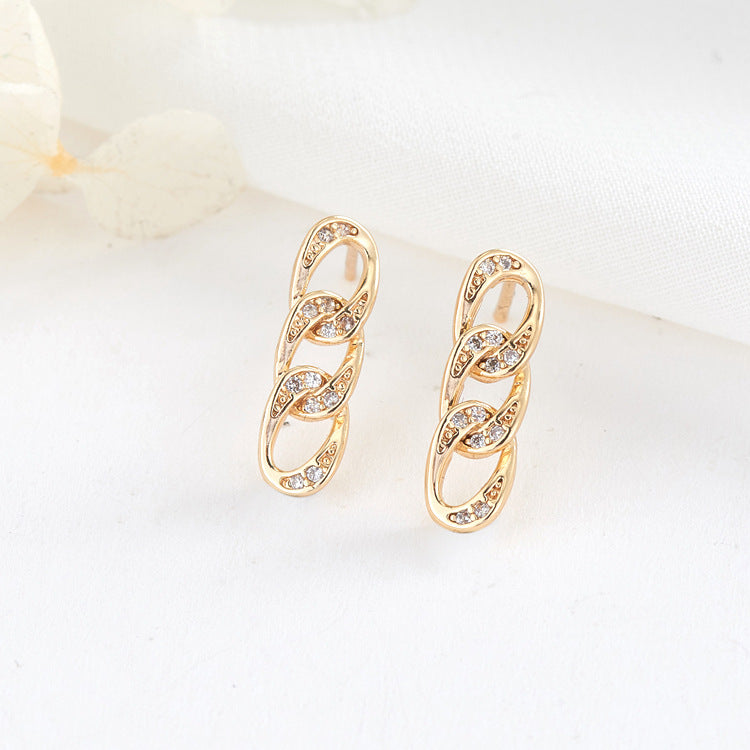 4 Curved Cable Chain Stud Earrings 14K GF Rhinestone Embellished Earing