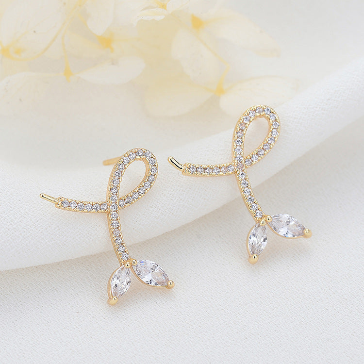 4 Leaf Vine Stud Earrings Rhinestone Embellished 14K GF Earing Half Drilled Pearl Bead Blank