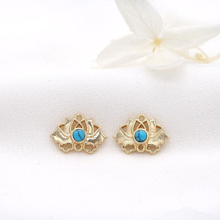 10 connecteur de charme floral lotus à double boucle turquoise embelli 14K GF