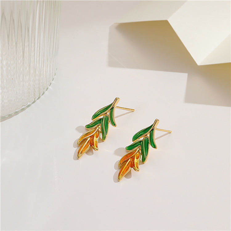 2 pairs Leaf Stud Earrings 14K GF Enamel Epoxy Earing with Pin Top Drilled Pearl Bead Blank Setting