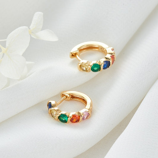 4 Round Circle Hoop Earrings Colorful Rhinestone Embellished 14K GF Earing