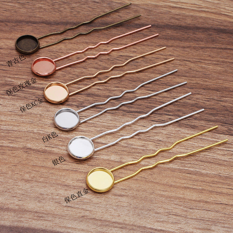 20 Plain Edge Bezel Cup Charm Hair Fork Hairpin 18KGP 10mm 12mm 14mm 16mm 18mm 20mm Round Cabochon Blank Base Gemstone Piece Setting