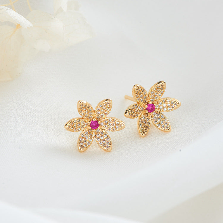 4 boucles d'oreilles florales à tige ornées de strass 14 carats GF, perles semi-percées vierges