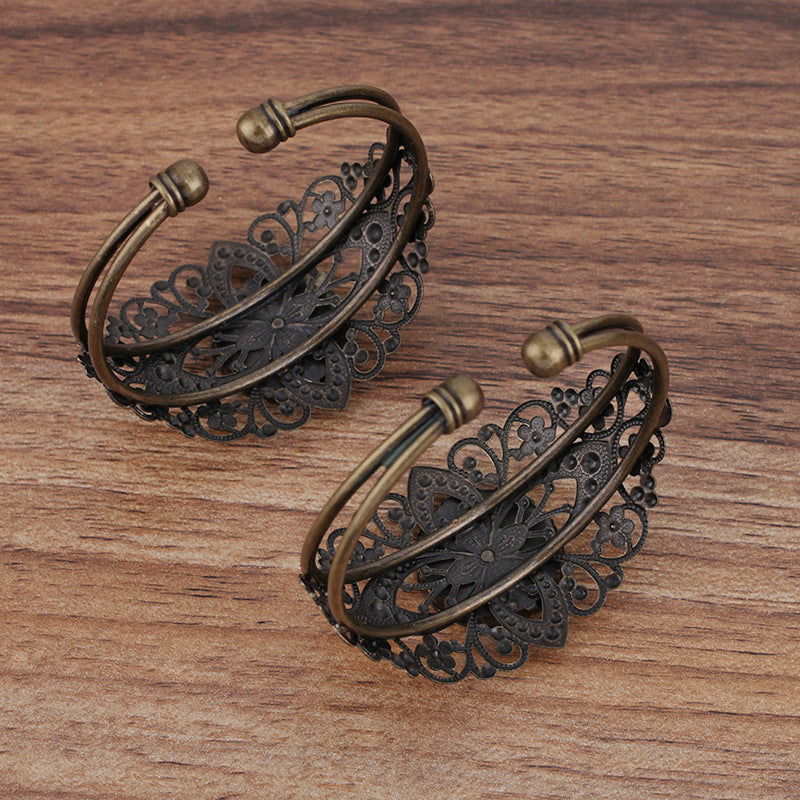 50 Bord Saint-Jacques Lunette Coupe Filigrane Deux Rangées Cercle Ouvert Bracelet Antique Bronze 20mm Rond Cabochon Base Vierge Pierre Précieuse Pièce Réglage