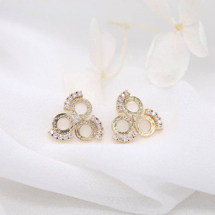 4 Three Round Pad Stud Earrings Rhinestone Embellished 14K GF Earing Flat Back Pearl Cabochon Base Blank