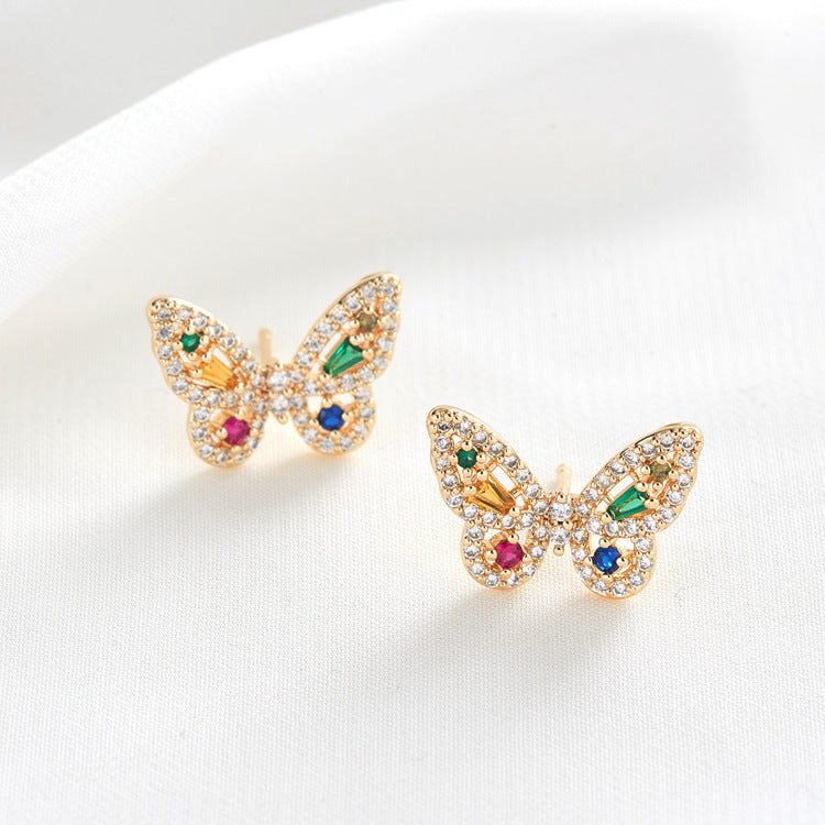 4 boucles d'oreilles à tige avec pendentif à breloque papillon ornées de strass 14K GF