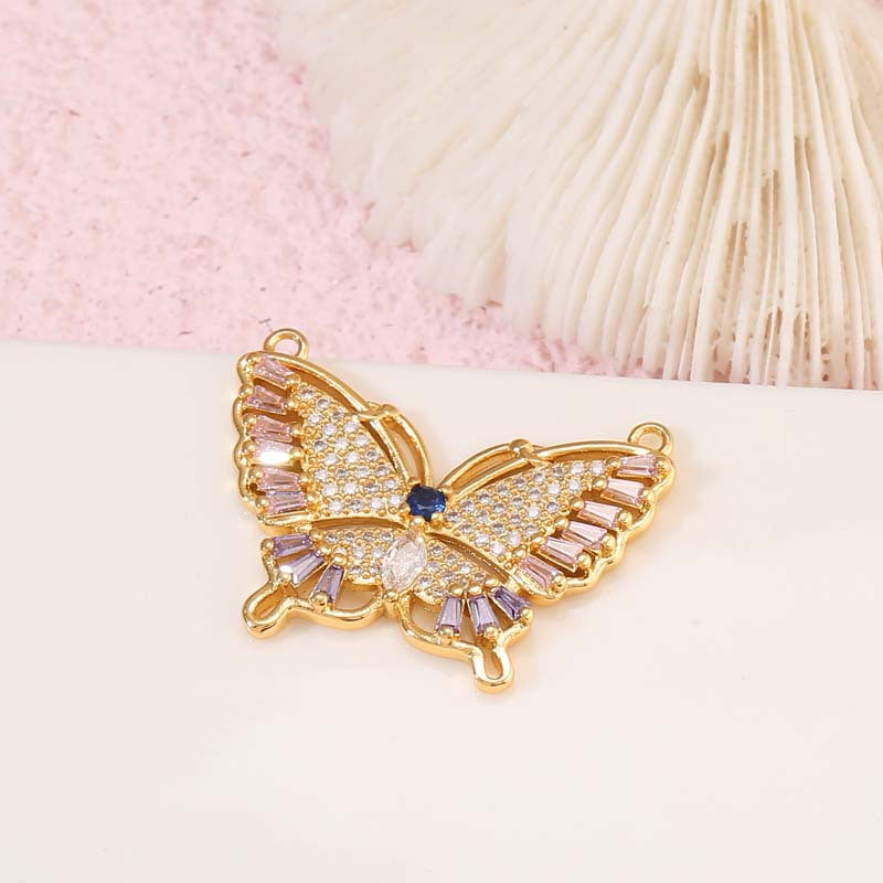 2 Eye Heart Butterfly Round Charm Pendant Rhinestone Embellished 14K GF