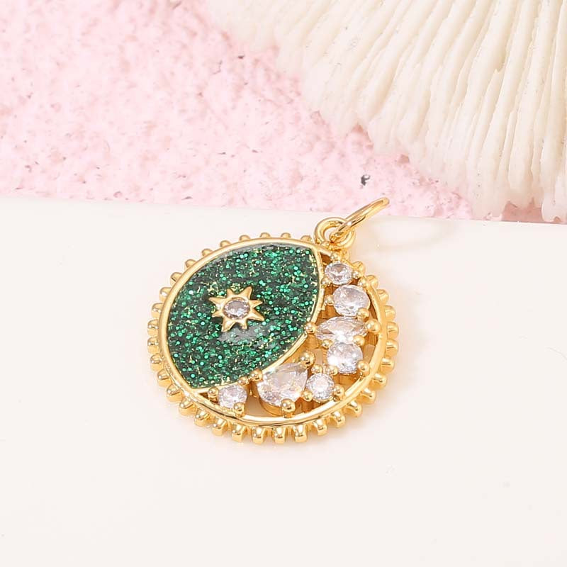 2 Moon Star Charm Pendant Enamel Epoxy 14K GF Rhinestone Embellished