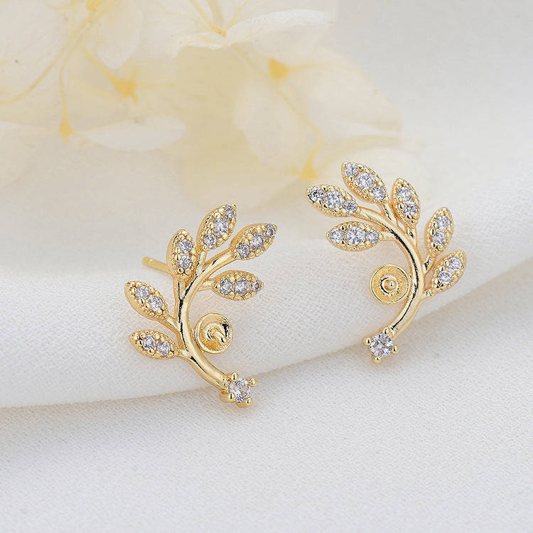 4 Leaf Vine Stud Earrings Rhinestone Embellished 14K GF Earing Half Drilled Pearl Bead Blank