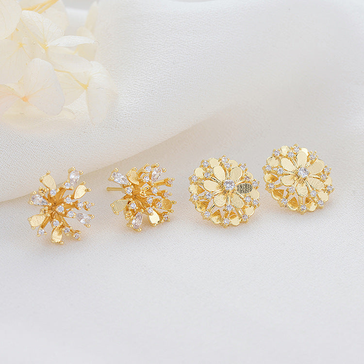 4 Floral Stud Earrings 14K GF Rhinestone Embellished Earing