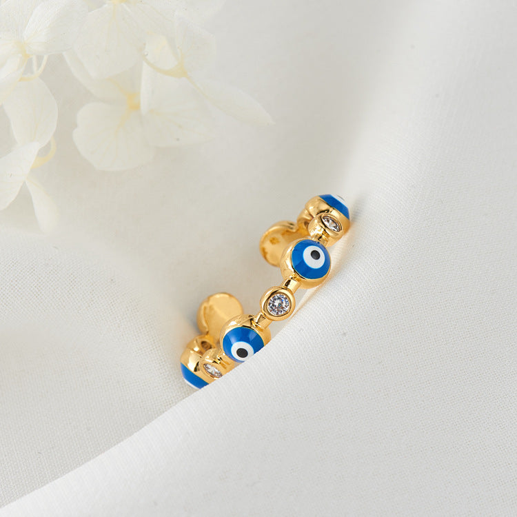 2 Open Circle Stackable Evil Eye Statement Ring Enamel Epoxy Rhinestone Embellished 14K GF