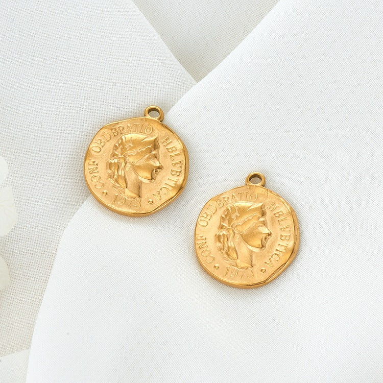 2 Portrait Coin Charm Pendant 14K GF