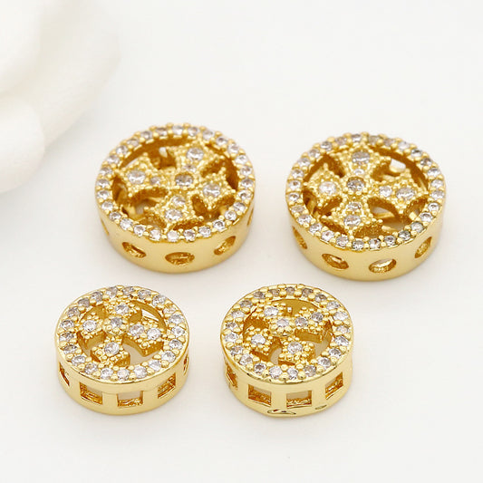 2 Multi Hole Hollow Cross Flat Roundelle Bead Charm Rhinestone Embellished 14K GF Charm Beadwork Spacer