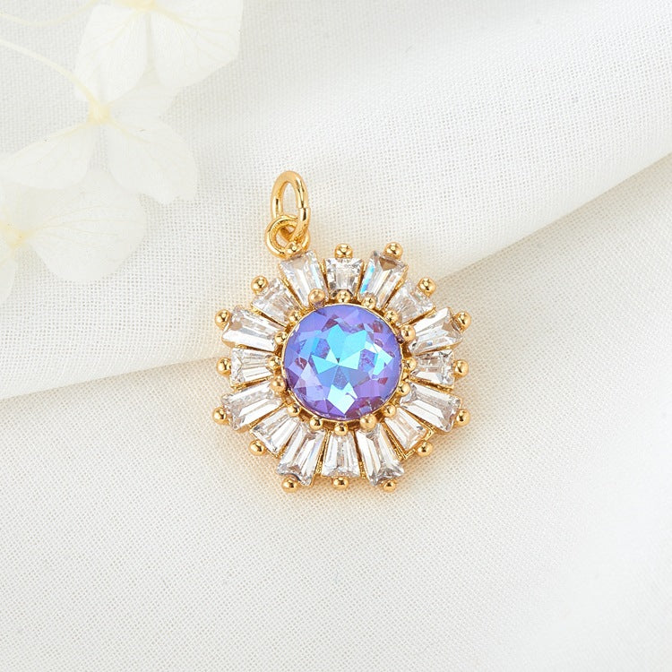 2 Round Floral Charm Pendant Rhinestone Embellished 14K GF