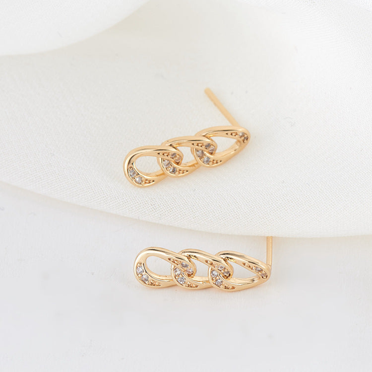 4 Curved Cable Chain Stud Earrings 14K GF Rhinestone Embellished Earing