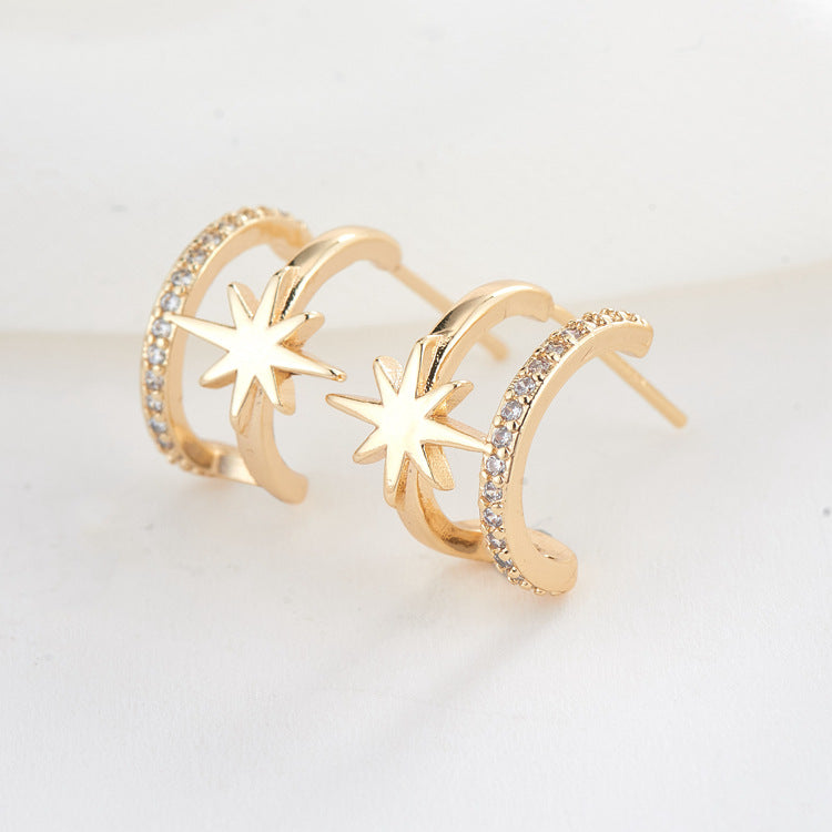 4 boucles d'oreilles à tige étoile en demi-cercle ornées de strass 14K GF Earing