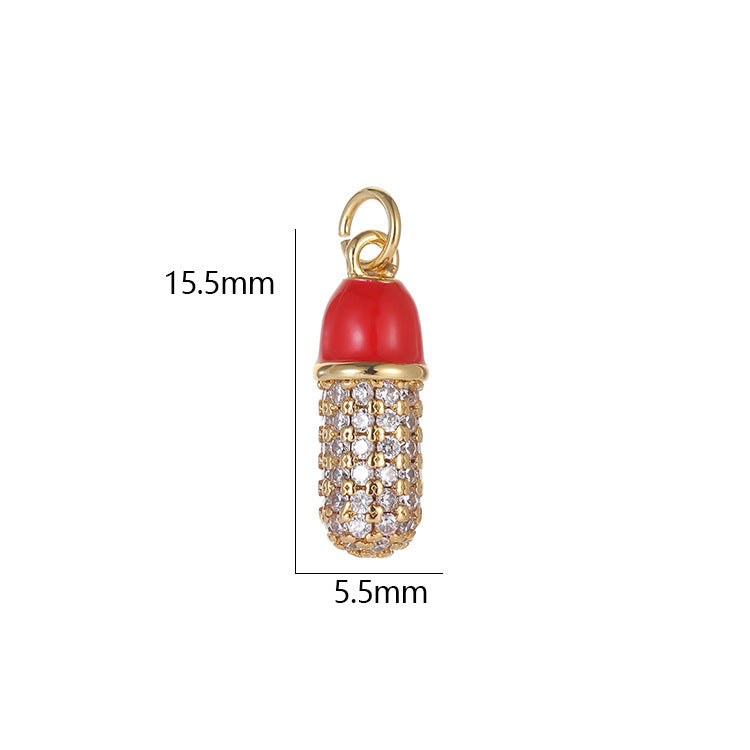 2 Capsule Charm Pendant Enamel Epoxy 14K GF Rhinestone Embellished