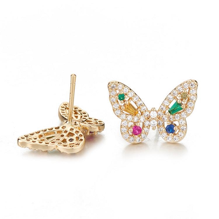 4 boucles d'oreilles à tige avec pendentif à breloque papillon ornées de strass 14K GF