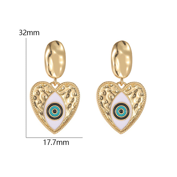 4 boucles d'oreilles à tige avec breloque en forme de cœur mauvais œil, émail époxy 14K GF