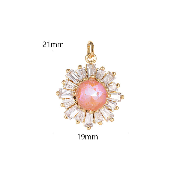 2 Round Floral Charm Pendant Rhinestone Embellished 14K GF