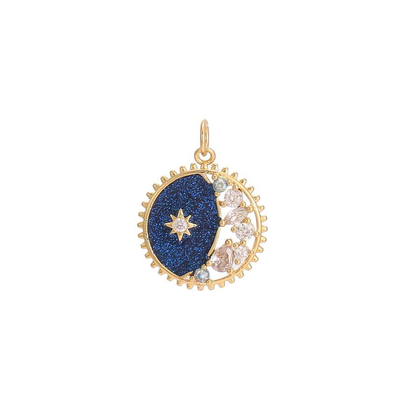 2 Moon Star Charm Pendant Enamel Epoxy 14K GF Rhinestone Embellished