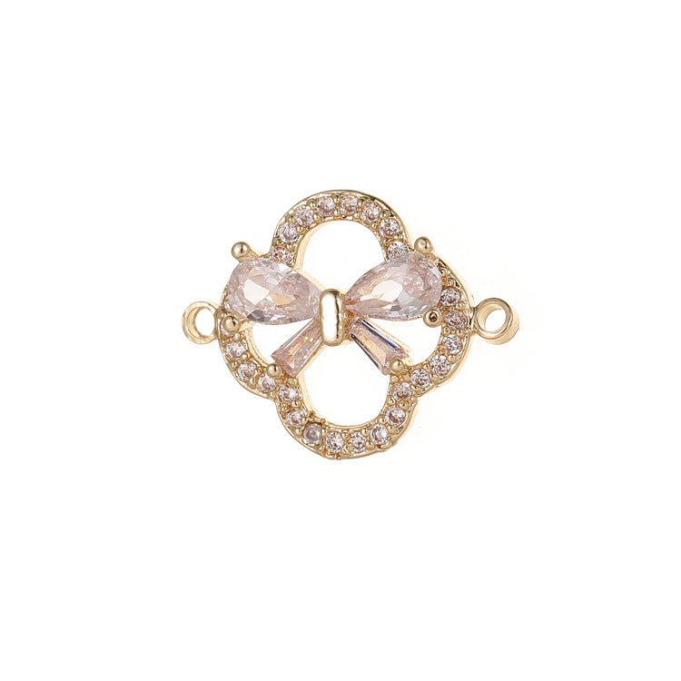 2 Double Looped Floral Round Diamond Bowknot Charm Connector Rhinestone Embellished 14K GF