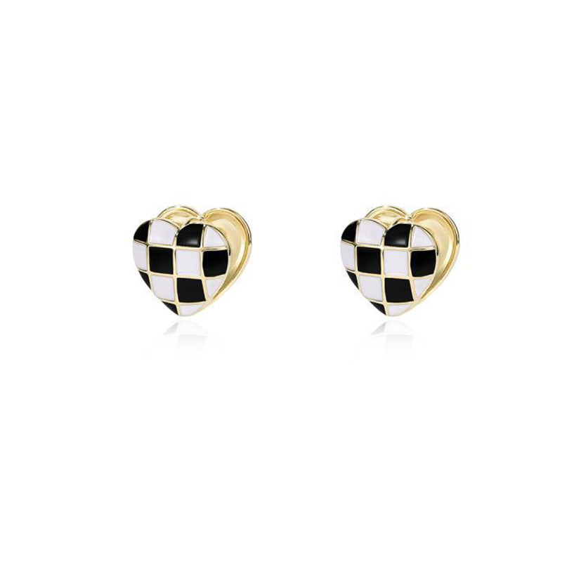 4 Black and White Grid Square Heart Hoop Earrings Enamel Epoxy 14K GF Earing