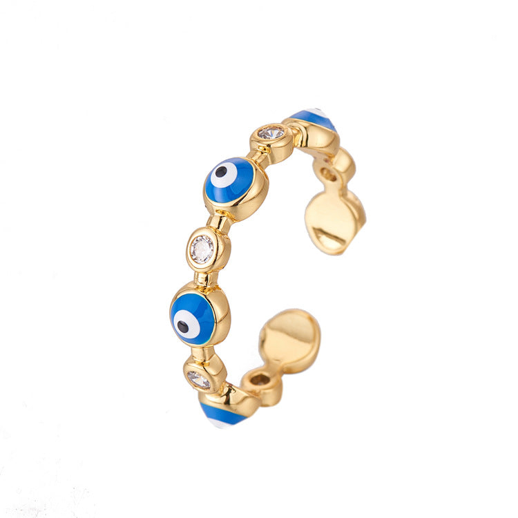 2 Open Circle Stackable Evil Eye Statement Ring Enamel Epoxy Rhinestone Embellished 14K GF