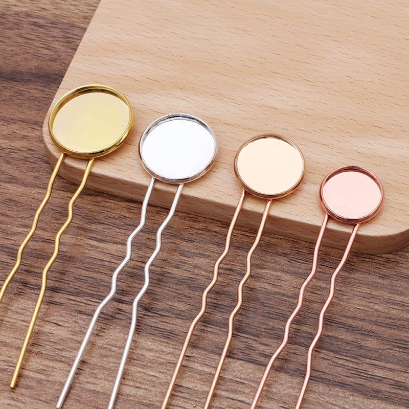 20 Plain Edge Bezel Cup Charm Hair Fork Hairpin 18KGP 10mm 12mm 14mm 16mm 18mm 20mm Round Cabochon Blank Base Gemstone Piece Setting