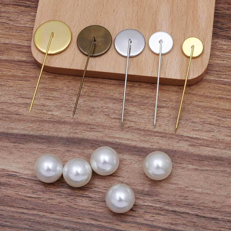 200 Plain Edge Bezel Cup Long Stick Safe Broche Pin 18KGP 10mm 12mm 14mm 16mm 18mm 20mm Rond Cabochon Base Vierge Pierre Précieuse Pièce Réglage